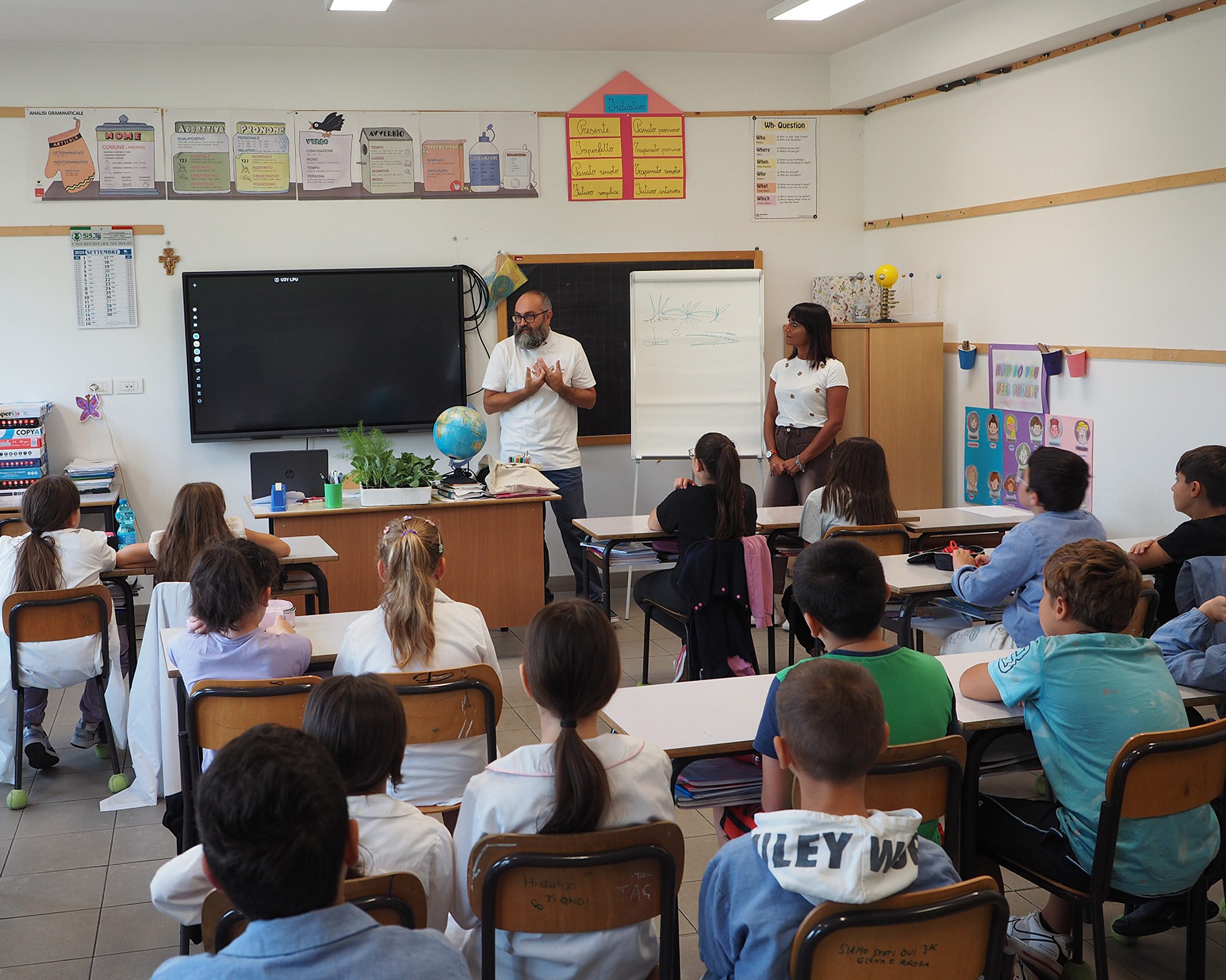 A volunteer conducting a classroom lesson with a group of students